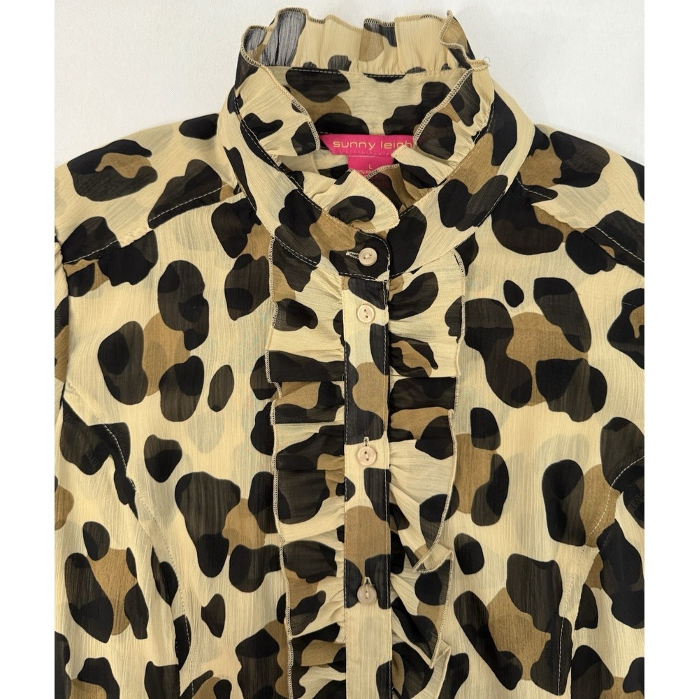 Sunny Leigh Leopard Print Sheer Ruffle Neck Top Blouse Womens Size L - Picture 4 of 7